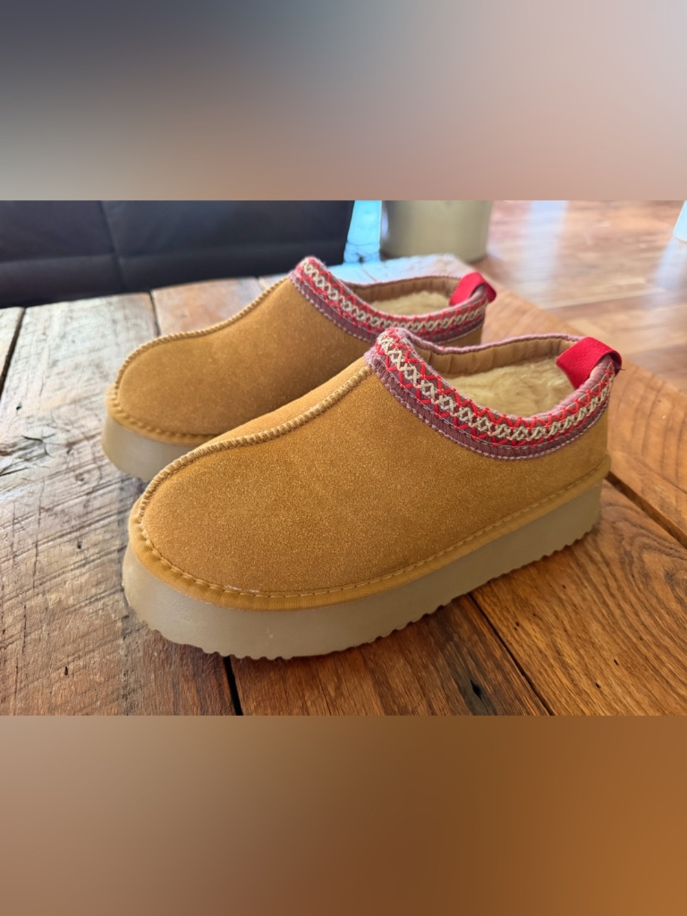Women's Tan Suede Slip-On Clog with Red Trim